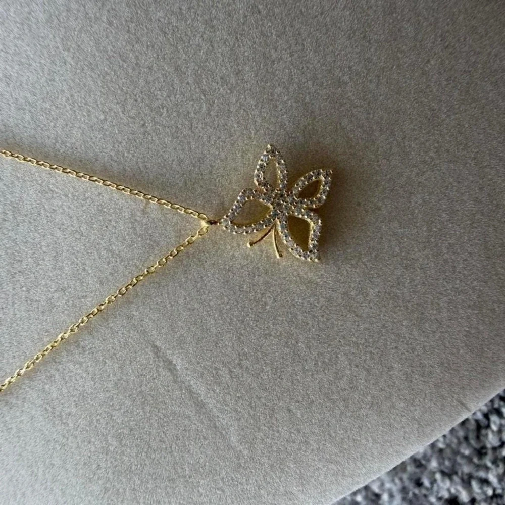 Gold Butterfly Pendant Necklace Pavé Crystal Charm Dainty Jewelry - Picture 4 of 6